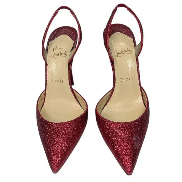 Christian Louboutin Ever 100 Red Glitter Slingback Heels EU 37.5 Sparkly Pumps - Picture 2 of 13
